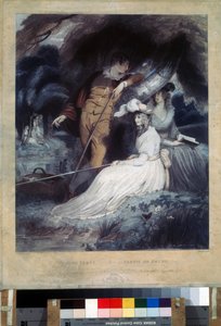 """La partie de peche" (釣りパーティー) 釣り竿を持った日曜日の服を着た若いブルジョワ。 チャールズ・ナイト (1743-1826) によるリトグラフ プーシキン美術館、モスクワ 作： Charles Knight