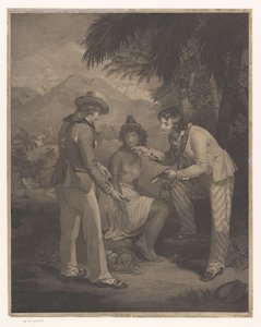 インド人女性の果物に時計と鏡を差し出す 2 人のイギリス人船員 作： Charles Knight