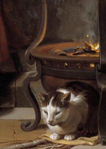 幼いイエスの眠り ストーブの下で眠る猫を描いたディテール。シャルル・ルブラン（ル・ブラン）（1619-1690）の絵 1655年 日0,87x1,18 m 作： Charles Le Brun