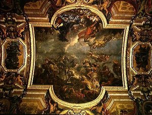 1673年に13日間でマーストリヒトを占領した王と、1672年に敵がいる中でライン川を通過した王の眺め（天井画、Galerie des Glaces所蔵 作： Charles Le Brun