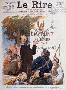 第一次世界大戦（1914-1918）。石炭、弾薬、ベテイルの取引で利益を得ている商売人の収入源である戦争ローンの促進を描いた漫画 - シャルル・レアンドル（1862-1934）による『Le Rire Rouge』誌の表紙のための絵 作： Charles Leandre