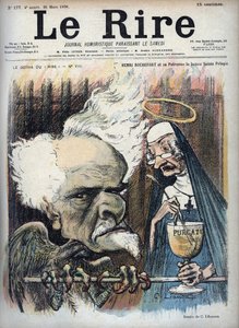 アンリ・ロシュフォールと彼の守護聖人la bonne sainte Pelagie（サント・ペラギの監獄）-1898年3月26日付「Le Rire」紙のCharles Leandre（1862-1934）による風刺画 作： Charles Leandre