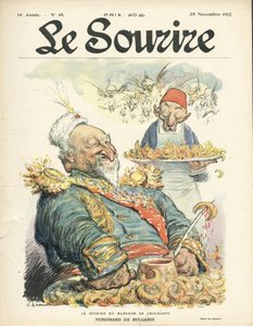 シャルル・ルアンドル（1862-1934）による『Le Smile』誌48号（2012年11月28日発売）の表紙用イラスト - クロワッサンを食べる人の笑顔 - トルコ、オリエント、バルカン半島、ブルガリア - フェルディナンド・デ・ブルガリア 作： Charles Leandre