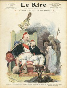 シャルル・ルアンドル（1862-1934）による『Le Rire』誌表紙のイラスト（13年10月25日） - ポーの公会議で：破門 - 宗教 信仰、共和国大統領、シャポー、肘掛け椅子（権力の象徴） - コンブ・エミール（1835-1921）、マリアンヌ、ポアンカレ・レイモン。 作： Charles Leandre