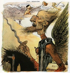 Paul Deroulede (1846-1914) フランスの作家、民族主義活動家、反ドレフュス主義の重要な役者、Charles Leandreによるドン・キホーテ騎士の風刺画：風車と戦うために、「Elysee」と書かれたスーツケースを脇に抱えている - Drawi 作： Charles Leandre