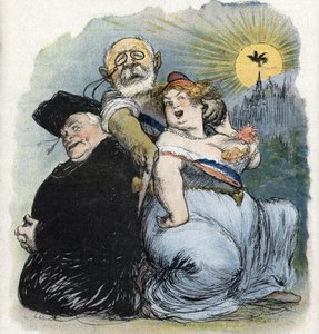 教会と国家との分離。"フランスの政治家であるジャン＝ビエンヴヌ＝マルタン（Bienvenu-Martin）（1847-1943）は、公教育・美術・礼拝大臣として、必死にフランスの司祭としての教会を分離しようとした（フランスの中の分離 作： Charles Leandre