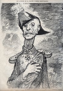 ドレフュスの大喜利の役者たち - フランス軍のRaoul Le Mouton de Boisdeffre (General de Boisdeffre) (1839 -1919)の肖像 - Charles Leandre (1862-1934)が1898年に「Le Rire」に掲載した漫画 作： Charles Leandre