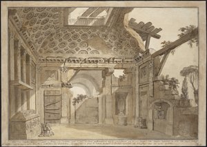 ローマのサンティッシマ・トリニータ・デイ・モンティ修道院のレスール神父の独房に描かれた絵画のデザイン - シャルル・ルイ・クレリソー（1722-1820）。紙にペン、筆、灰色と茶色のインク、白の色、約1760年。寸法：36,9x53 cm。エルミタージュ美術館 作： Charles Louis Clerisseau