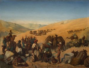 1850年、ヘブロン南部の砂漠にあるサバビアシェバの井戸でキャラバンを止めた。 作： Charles Louis Fredy de Coubertin
