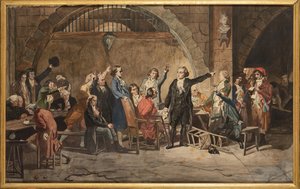 Le dernier adieu des Girondins, le 31 octobre 1793, a la prison de la Conciergerie - The last goodbye of the Girondins, by Mueller, Charles Louis (1815-1892).紙に水彩画。プライベートコレクション
