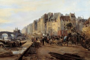 1825年頃のマリーブリッジとサンポール港。パリの眺め。詳細シャルル・ルイ・モザン（1806-1862）の絵画