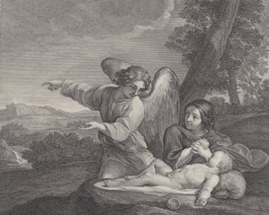 ハガルが眠りのそばで手を組むと、荒野でハガルに現れる天使., 1700-28. 作： Charles Louis Simonneau