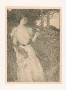 花びらを風に飛ばす女性 作： Charles Lucien Leandre