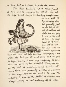 パブ、Alices Adventures Under Groundのイラストを描いたダチョウを抱いたアリス。 1886（ファクシミリ） 作： Charles Lutwidge Dodgson