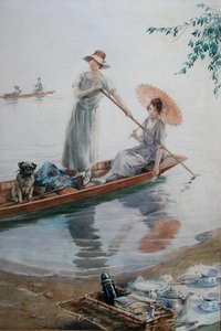 ペットのパグを連れた2人の女の子がピクニックに戻るためにパドリングをする（紙に水彩画） 作： Charles MacIvor or MacIver Grierson