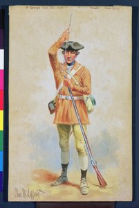 アメリカ革命の制服：第1ジョージア大陸歩兵の1777プライベートフィールドドレス（ガッシュとトイレットペーパー） 作： Charles MacKubin Lefferts