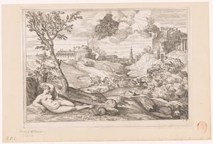 竜に守られたアンドロメダと雲の中を飛ぶペルセウスのいる風景 作： Charles Macé (attributed to)