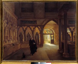 Musee des Monuments Françaisの14世紀の彫刻室 手前はフランスの考古学者Marie Alexandre Lenoir（1761-1839）。シャルル・マリー・ブトン（1781-1853）による絵画 1815年 日0,6x0,73 m Paris.カルナヴァレ美術館 作： Charles Marie Bouton
