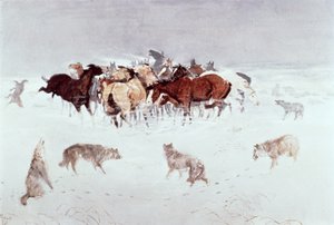 飛ぶ蹄」（水彩・紙 作： Charles Marion Russell