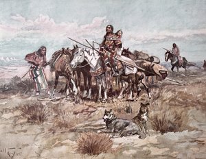 ネイティブアメリカン、プレーンズピープルの移動キャンプ 作： Charles Marion Russell