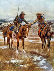 アメリカ人とネイティブアメリカンの男性が馬に乗って握手する会 作： Charles Marion Russell