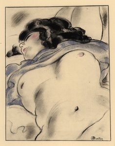半裸の女性が眠っている、自分自身を公開します。