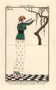 プリントと刺繍が施されたシースドレスを着た女性 作： Charles Martin