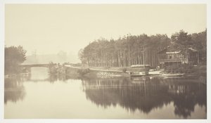 無題、c。 1850. [パリの公園、ブローニュの森の橋とシャレー]。 作： Charles Marville