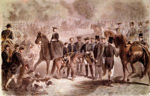 ナポレオン3世：ウィリアム3世（1817-1890）の滞在中、コンピエーニュの森の近くにある王の井戸で行われた狩猟の約束。1861年10月26日に「The Monde illustrious」に掲載されたFortrisの後にC.モーランとG.ジャネが描いた彩色済みのエングレーヴィング。Dim. 作： Charles Maurand