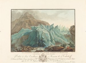 1785 年、グリンデルヴァルト下氷河から現れるリュッツィネ川。