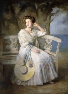 青いドレスを着ている女性の肖像画 作： Charles Mendelssohn Horsfall
