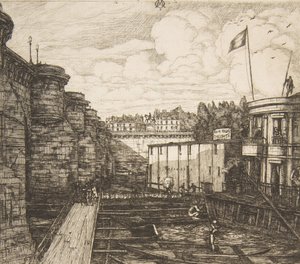 ベインフロイドのシェヴリエ・シェヴリエの冷水浴施設、またはスクール・バス、パリ、1864年。 作： Charles Meryon