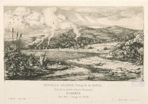 フランスの小さな植民地アカロアの様子、「Etchings of the Pacific...」からのイラスト。