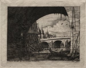 パリのエッチング：ノートルダム橋のアーチ、1853年。 作： Charles Meryon