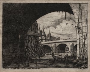 パリのエッチング：ノートルダム橋のアーチ、1853年。 作： Charles Meryon