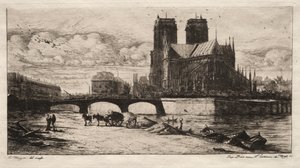 パリのエッチング：ノートルダム大聖堂のアプシス、1854年。 作： Charles Meryon