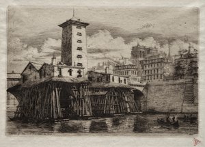 パリのエッチング: ノートルダムのポンプ 作： Charles Meryon