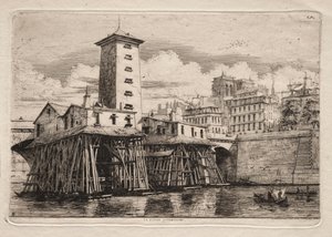 パリのエッチング：ノートルダムポンプ、1852年。 作： Charles Meryon