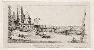 1621 年の火事の後、パリの交換橋を一時的に交換する歩道橋 作： Charles Meryon