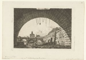 Gezicht op Pont-Neuf van onder boog Pont-au-Change in Paris ポン・オ・チェンジの最初のアーチの下から見たポン・ヌフとサマリテーヌ 作： Charles Meryon
