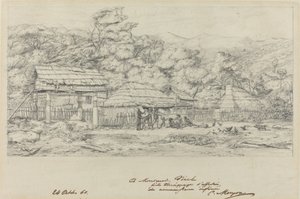バンクス島のアカロアにある先住民の穀倉と住居 作： Charles Meryon