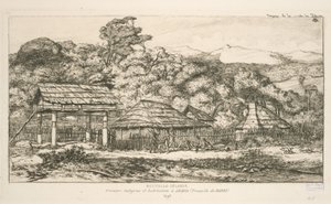 バンクス半島アカロアの先住民の穀倉と住居、「Etchings of the Pacific」のイラスト 作： Charles Meryon