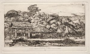 1845年、バンクス半島のアカロアにある原住民の納屋と小屋 作： Charles Meryon