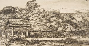 バンクス半島のアカロアにある原住民の納屋と小屋、1845 年、1860 年。 作： Charles Meryon