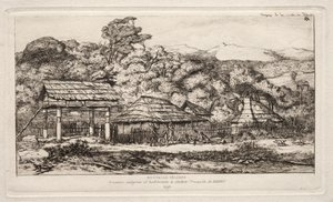 バンクス半島、1845年、1865年、アカロアの先住民の納屋と小屋。 作： Charles Meryon