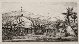 ニューカレドニア：バラデからプエボへの道にある大きな原住民の小屋、1845年 作： Charles Meryon