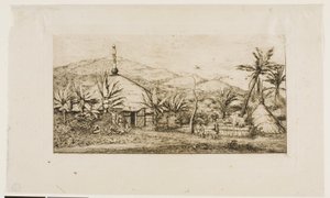 ニューカレドニア：バラデからプエポへの道にある大きな原住民の小屋、1845年 作： Charles Meryon