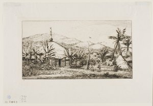 ニューカレドニア：バラデからプエポへの道にある大きな原住民の小屋、1845年 作： Charles Meryon