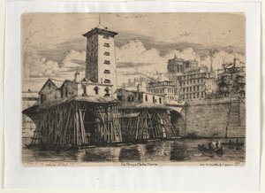 ノートルダムパンプハウス、パリ、1852年。 作： Charles Meryon