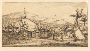ニューカレドニア：バラードからポエボへの道にある大きな原住民の小屋、1845年